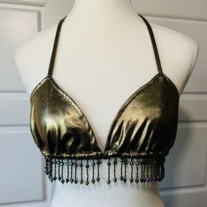 Metallic Gold Bikini Top Beaded Fringe Boho Belly Dancer Burning Man Festival MD